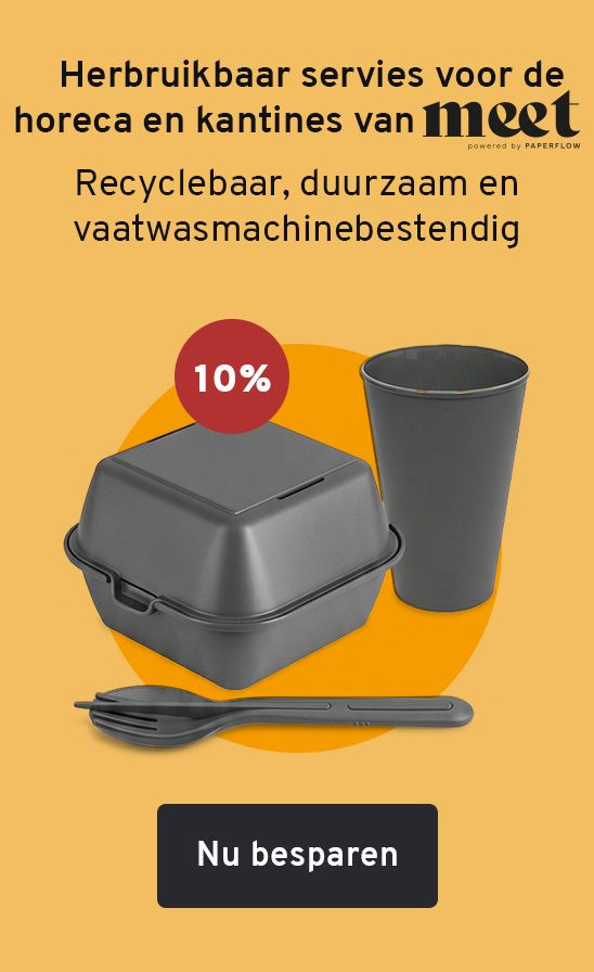 Herbruikbaar servies voor de horeca en kantines van “meet by Paperflow”. Recyclebaar, duurzaam en vaatwasmachinebestendig. Nu besparen -10 procent