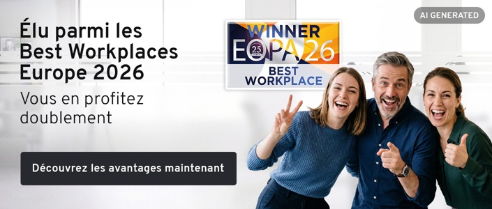 3 personnes qui se réjouissent. Texte : Élu parmi les Best Workplaces Europe 2026. Vous en profitez doublement. Découvrez les avantages maintenant