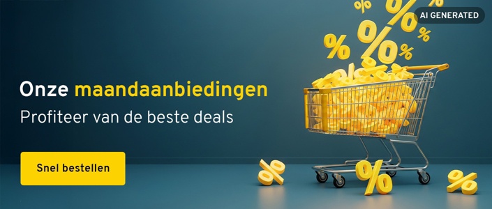 Een winkelmandje wordt met procenttekens gevuld. Tekst: Onze maandaanbiedingen. Profiteer van de beste deals. Snel bestellen