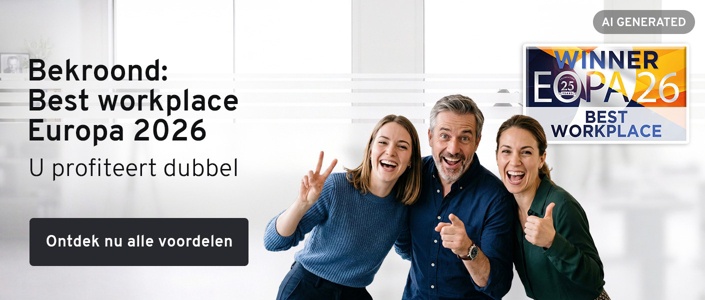 3 juichende mensen. Tekst: Bekroond: Best Workplace Europa 2026. U profiteert dubbel. Ontdek nu alle voordelen