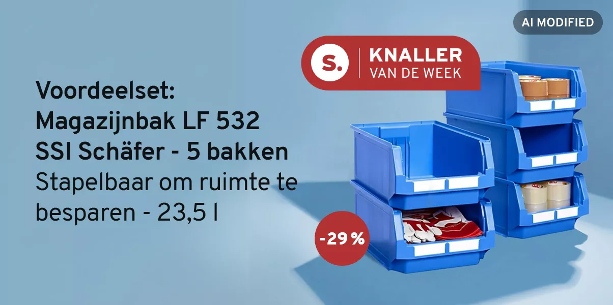 Knaller van de week. Voordeelset: Magazijnbak LF 532 SSI Schäfer - 5 bakken. Stapelbaar om ruimte te besparen - 23,5 l. -29% Beeld: 5 blauwe, open magazijnbakken in stapel 