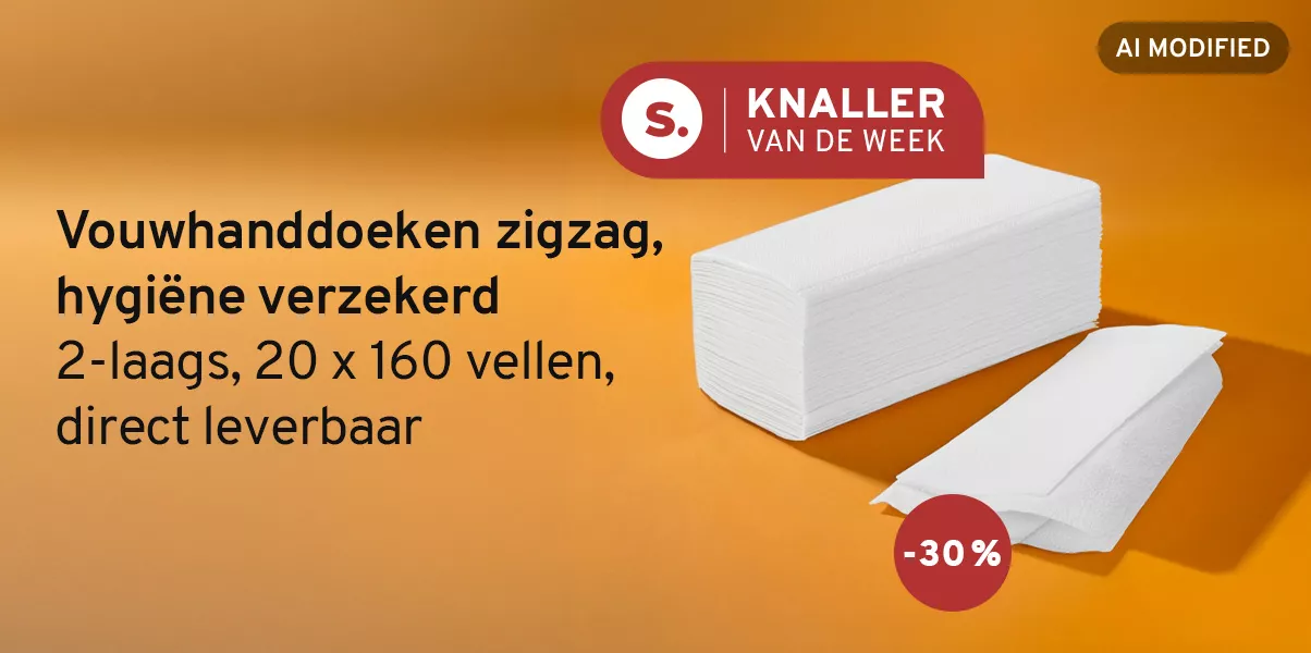 Knaller van de week. Vouwhanddoeken zigzag, hygiëne verzekerd. 2-laags, 20 x 160 vellen, direct leverbaar Beeld: een pak papieren vouwhanddoekjes