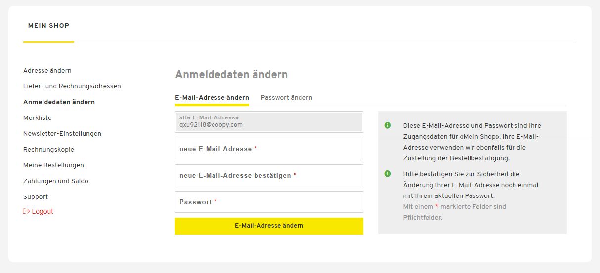 Mein Shop Anmeldedaten