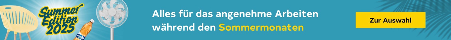 Sommeraktion 2025 mit Produkten für angenehmes Arbeiten bei Hitze, wie Stuhl, Ventilator und Getränk.