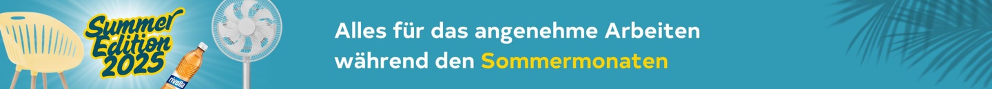 Sommeraktion 2025 mit Produkten für angenehmes Arbeiten bei Hitze, wie Stuhl, Ventilator und Getränk.