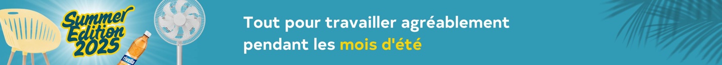 Promotion été 2025 avec des produits pour travailler confortablement par temps chaud, comme chaise, ventilateur et boisson. 