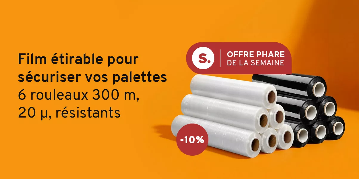 Offre phare de la semaine. Film étirable pour sécuriser vos palettes. 6 rouleaux 300 m, 20 µ, résistants. -10 pourcent Image : divers rouleaux de film étirable, en transparent et en noir