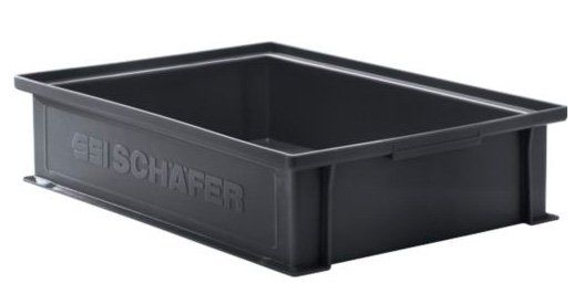 Schwarze Stapelbox zur Lagerung elektronischer Teile