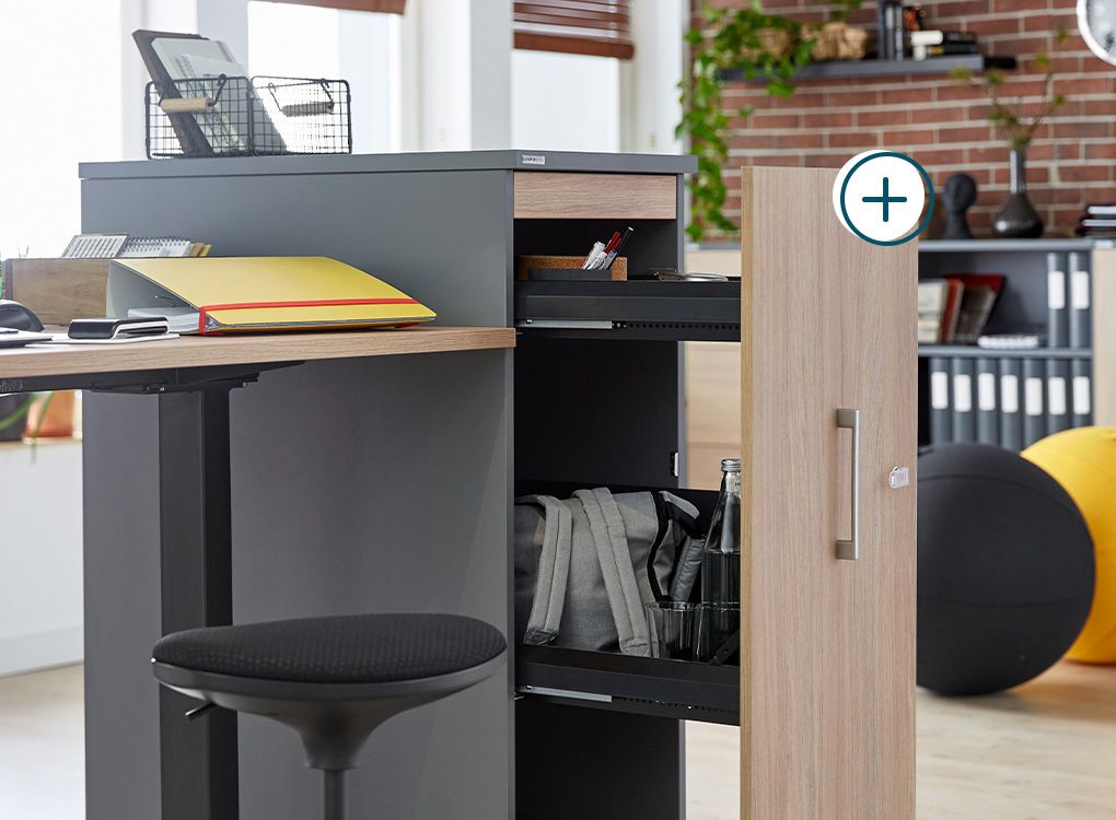 Höhenverstellbarer Hocker und Hochcontainer im Büro