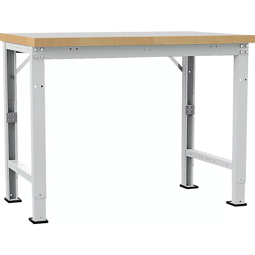 Een in hoogte verstelbare werktafel met dwarsversteviging tussen de poten
