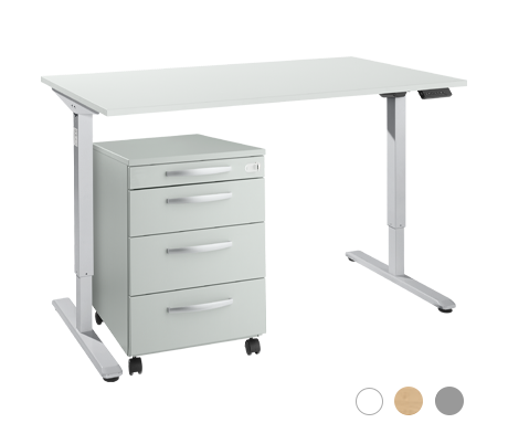 Schreibtisch, elektrisch höhenverstellbar, T-Fuß, H 755-1255 mm, lichtgrau/weißaluminium + Memorybedienpanel, Kabelkanal, Rollcontainer