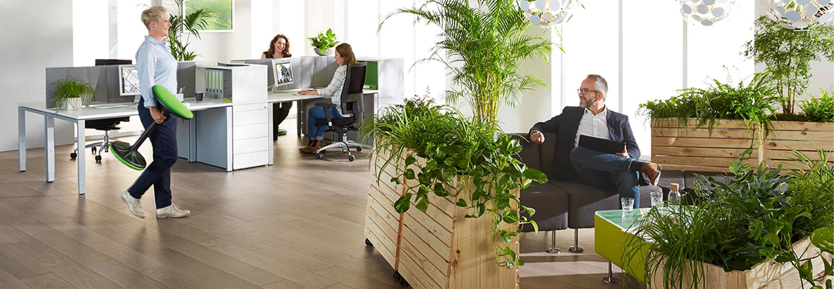 Verschillende mensen zitten in een ruim, groen kantoor met veel planten. 