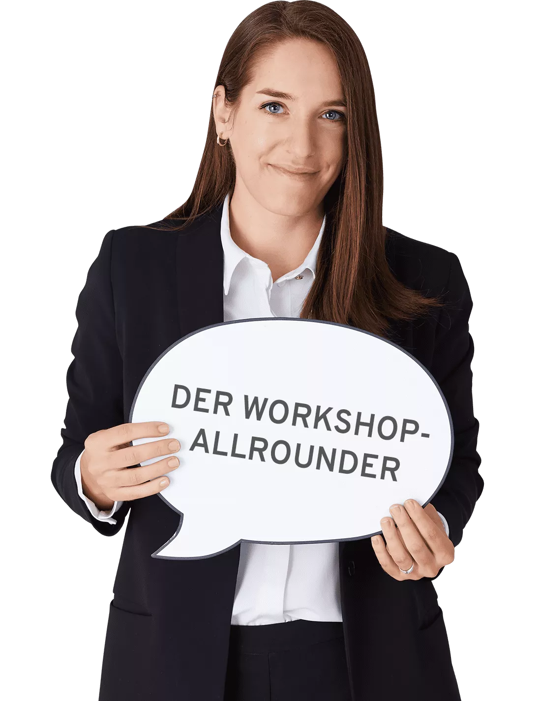 Person mit Sprechblase mit der Aufschrift der Workshop Allrounder in der Hand