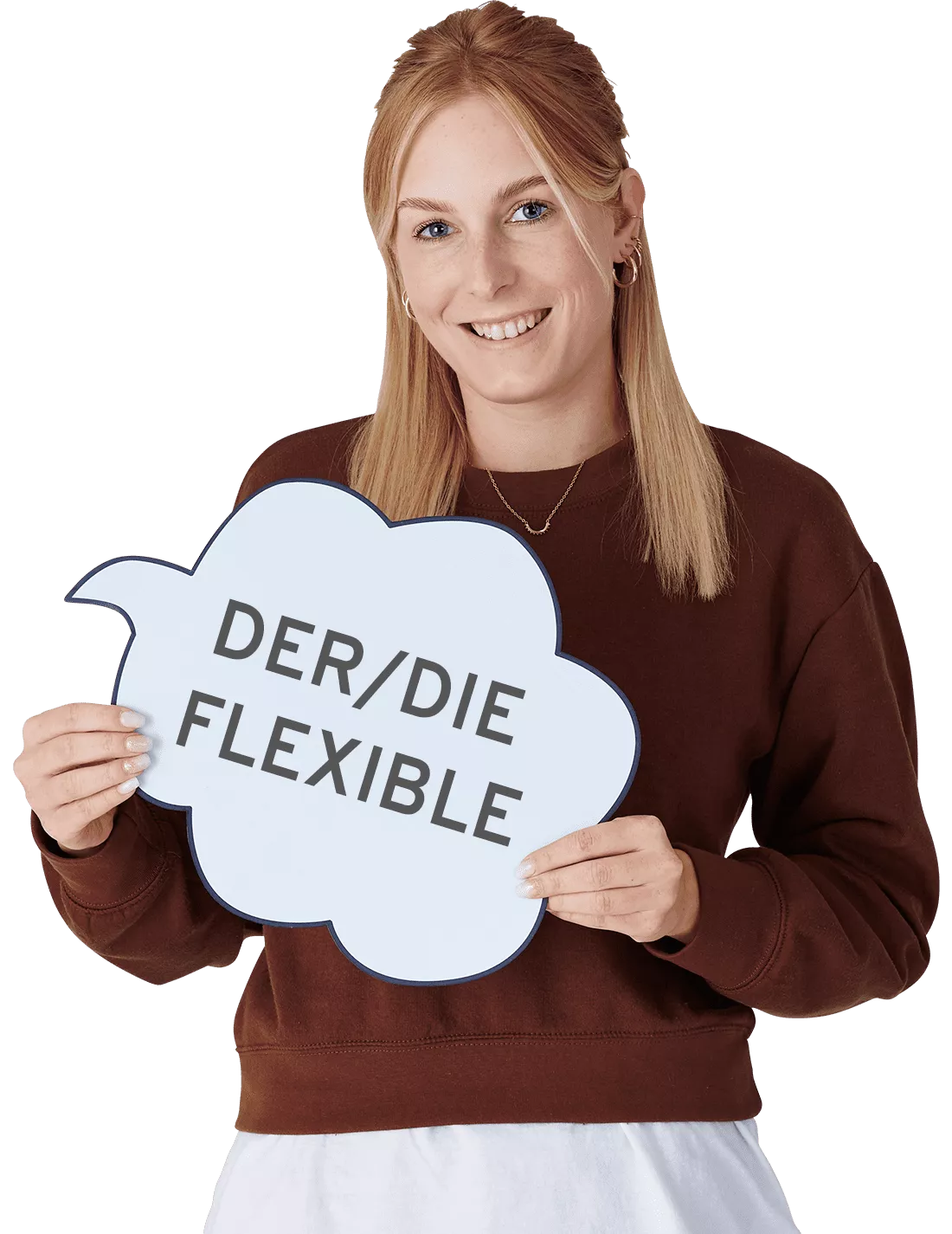 Person mit Sprechblase mit der Aufschrift der/die Flexible in der Hand