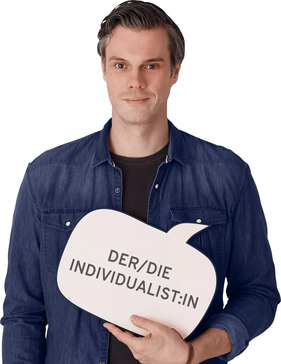 Person mit Sprechblase mit der Aufschrift der/die Individualist:in in der Hand
