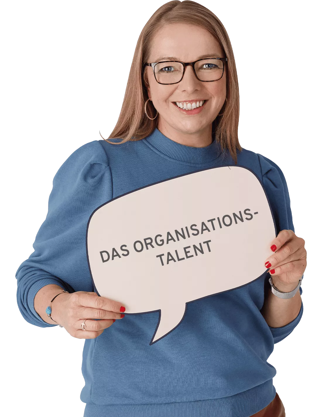 Person mit Sprechblase mit der Aufschrift das Organisationstalent in der Hand