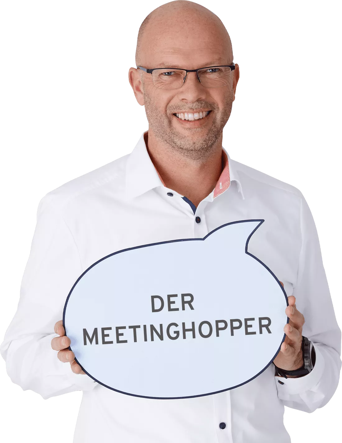 Person mit Sprechblase mit der Aufschrift der Meetinghopper in der Hand