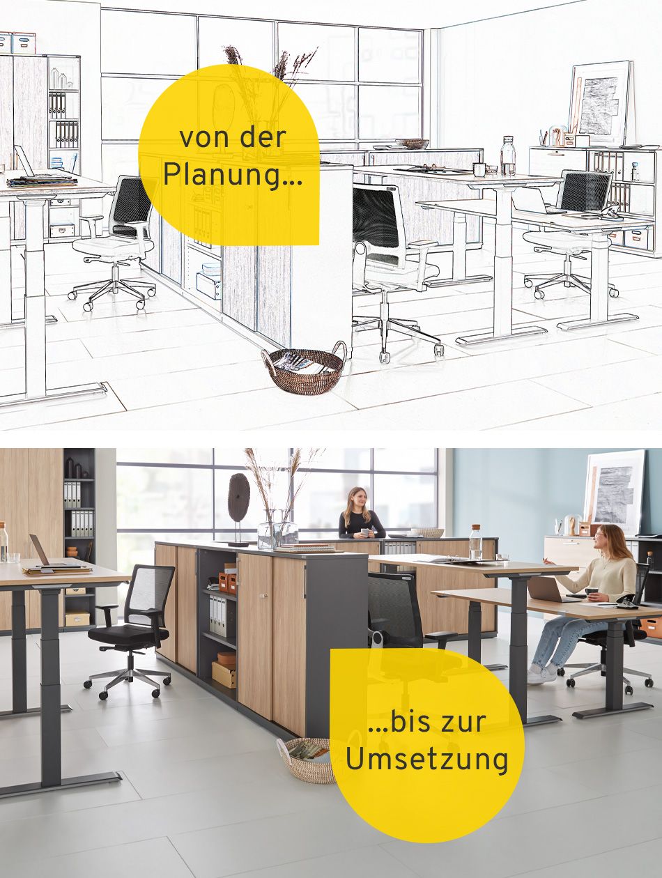 Skizze und fertiges Ergebnis eines Großraumbüros mit vier Arbeitsplätzen