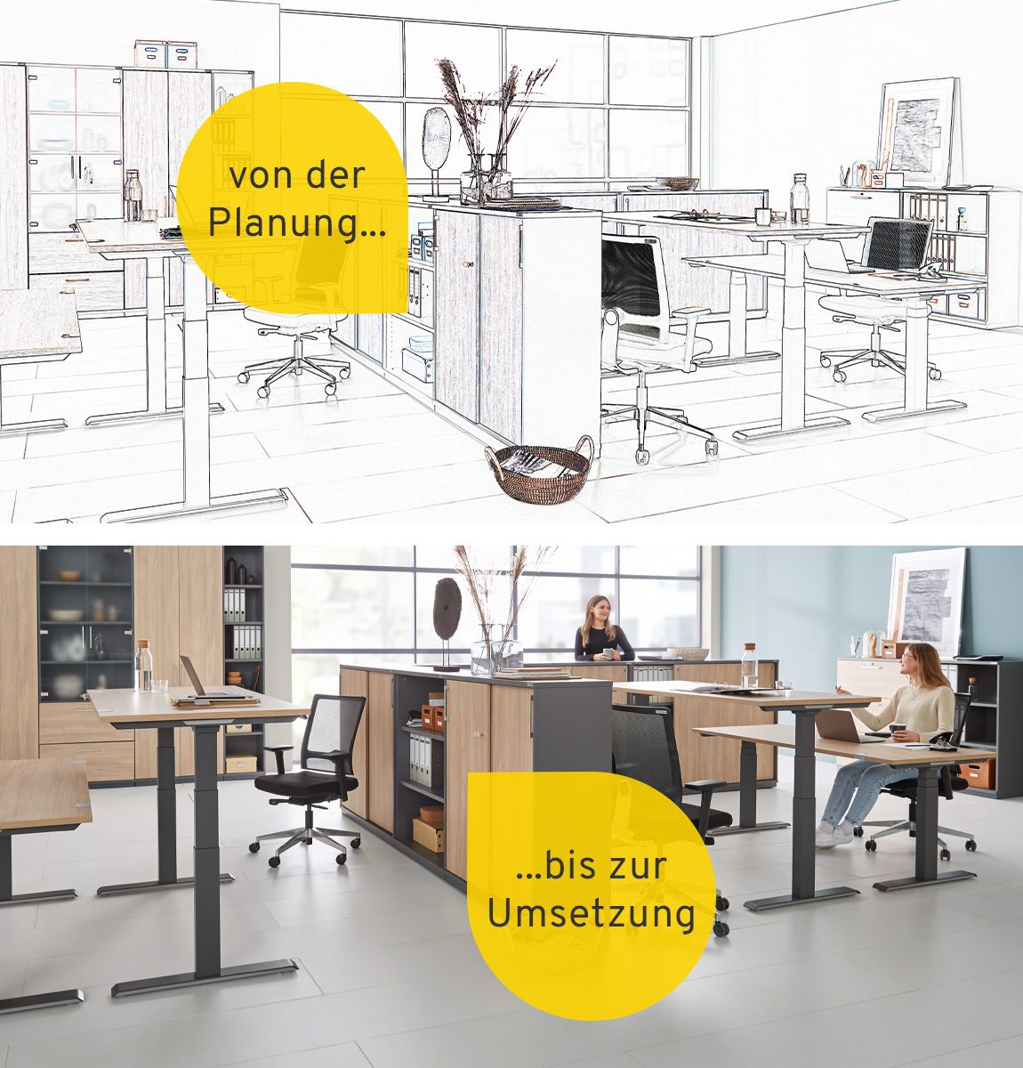 Skizze und fertiges Ergebnis eines Großraumbüros mit vier Arbeitsplätzen