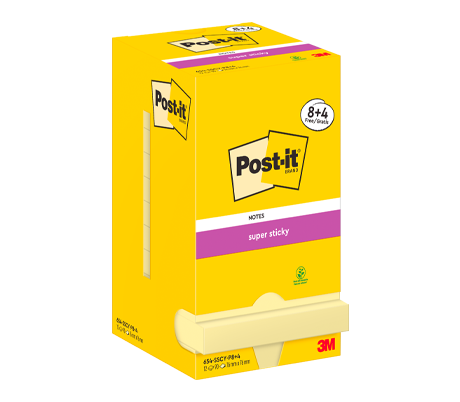 Super Sticky Post-it 654-SSCY-P8+4, 8 Blöcke, 90 Blatt je Block, je 76 x 76 mm, PEFC-zertifiziert, cellophanfrei verpackt, gelb + 4 Blöcke gratis