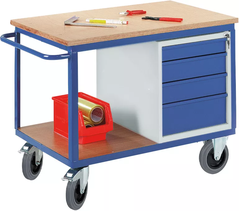 Kompakte, blaue mobile Werkbank mit Holzplatte, vier blauen Schubladen und einem offenen Fach für Werkzeuge.
