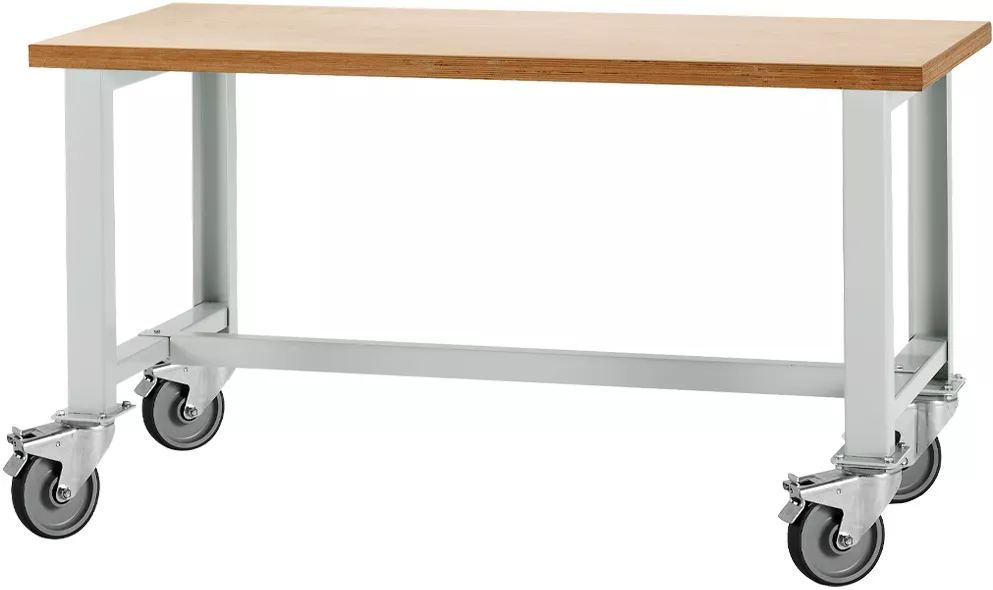 Robuste, mobile Werkbank mit Holzplatte, verstärktem Metallrahmen und vier stabilen Rollen.