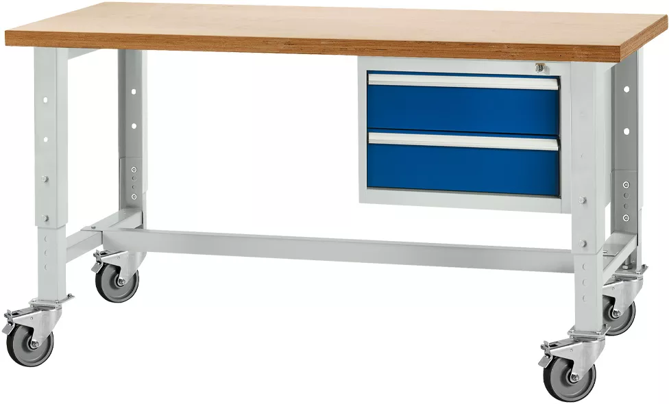 Höhenverstellbare mobile Werkbank mit Holzplatte, Metallrahmen und einer kleinen blauen Schubladeneinheit.