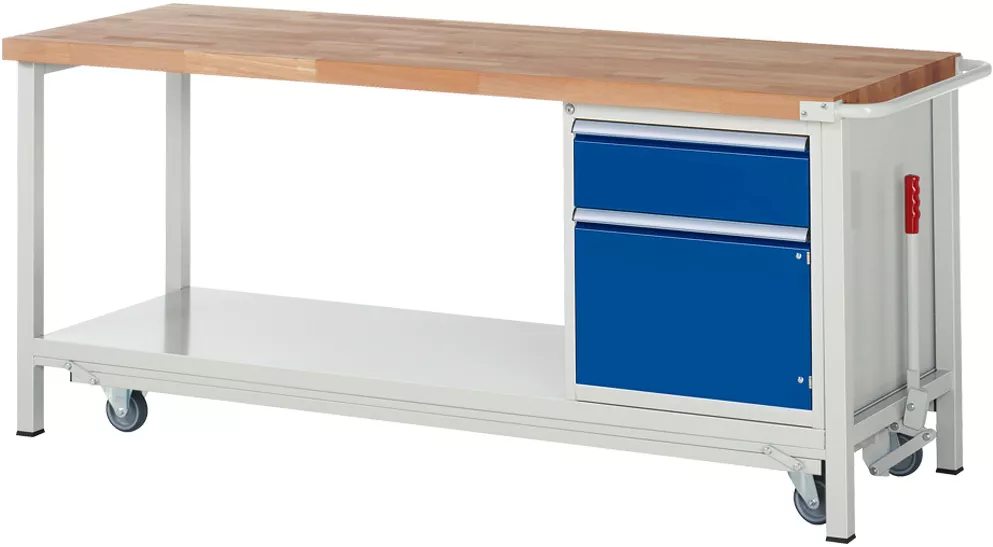 Mobile Werkbank mit Holzplatte, offenem Ablagefach unten und einer blauen Schubladeneinheit auf der rechten Seite.