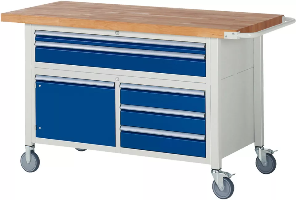 Mobile Werkbank mit mehreren blauen Schubladen, abschließbaren Fächern und stabiler Holzplatte.