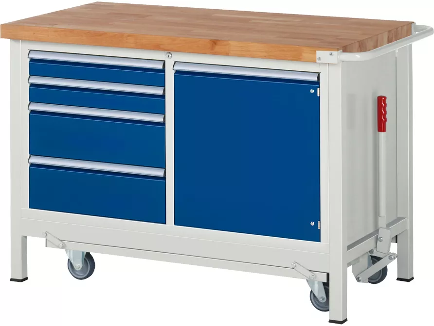 Mobile Werkbank mit Holzplatte, mehreren blauen Schubladen und verschließbaren blauen Fächern.