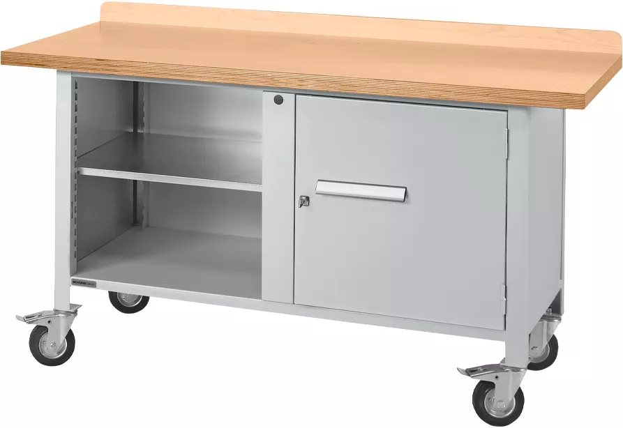 Mobile Werkbank mit Holzplatte, grauem Metallkorpus, offenem Stauraum und einem verschließbaren Fach.