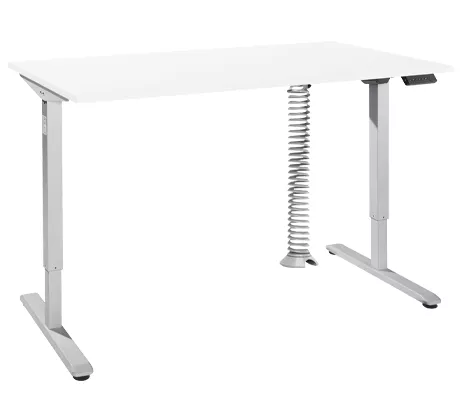 Schreibtisch, elektrisch höhenverstellbar, Rechteck, T-Fuß, B 1600 x T 800 x H 755-1255 mm, weiß/weißalu + Memory-Bedienpanel, Kabelspirale