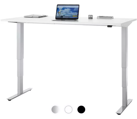 EHV Schreibtisch, elektrisch höhenverstellbar, bis 100 kg, 605–1265 mm, T-Fuß ohne Traverse, Up/Down-Panel, B 1600 x T 800, weiß/silber