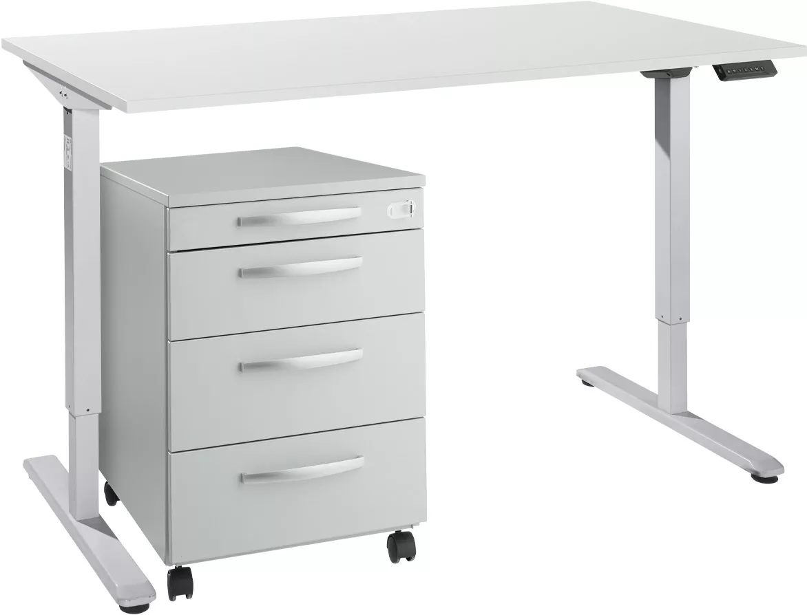 Ein höhenverstellbarer Schreibtisch mit grauem Gestell und weißer Tischplatte. Neben dem Tisch steht ein grauer Rollcontainer.