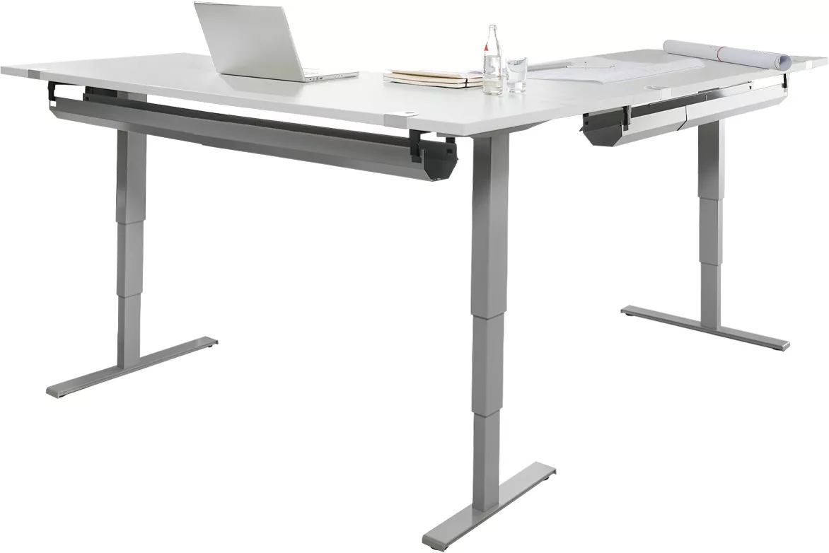 Hellgrauer, höhenverstellbarer Eckschreibtisch. Darauf ein Laptop, Papier, Wasserflasche.