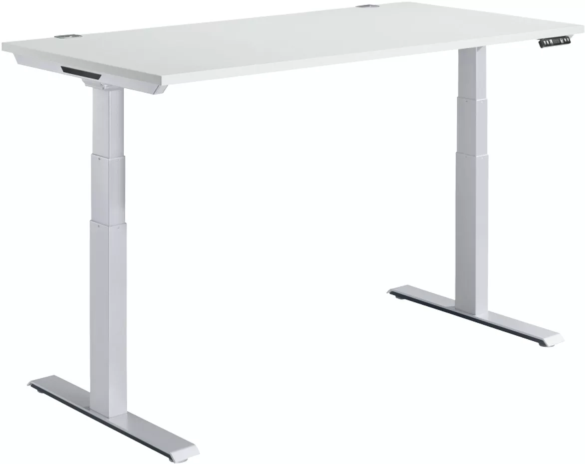 Ein weißer, höhenverstellbarer Schreibtisch mit grauen Beinen. Auf einer Seite befinden sich Knöpfe zur Höhenverstellung.
