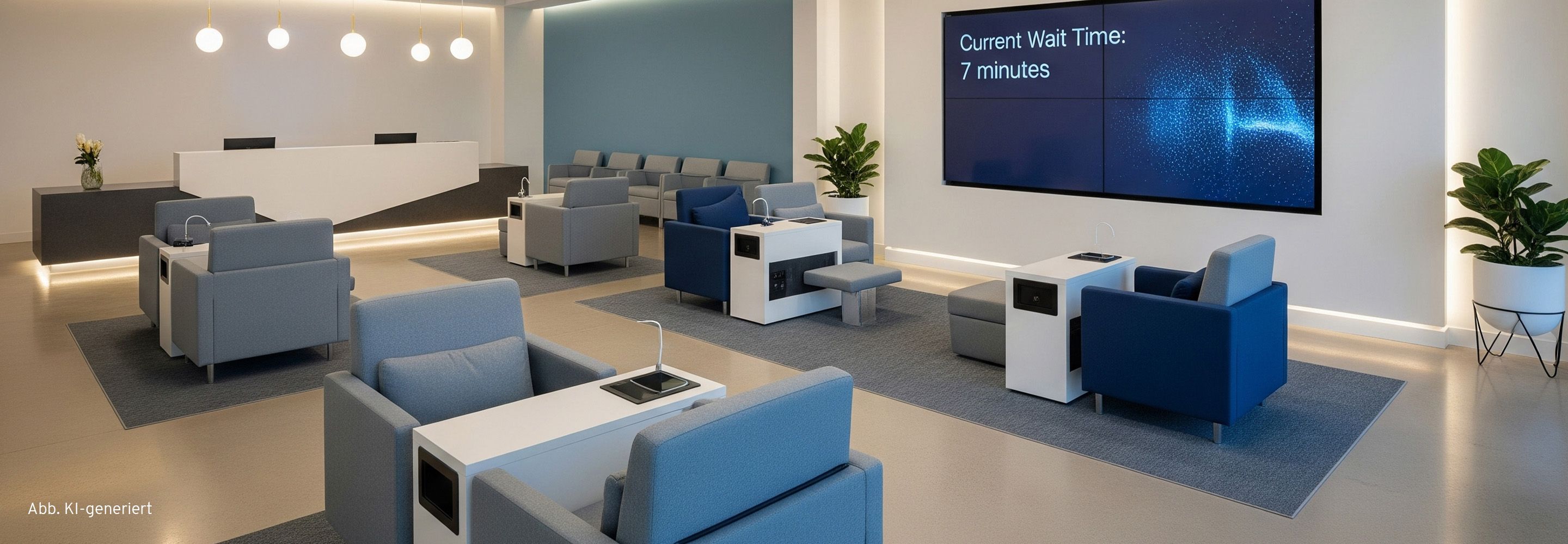 Modernes Wartezimmer mit Lounge-Sesseln, Empfangstresen und großem Display mit aktueller Wartezeit-Anzeige.