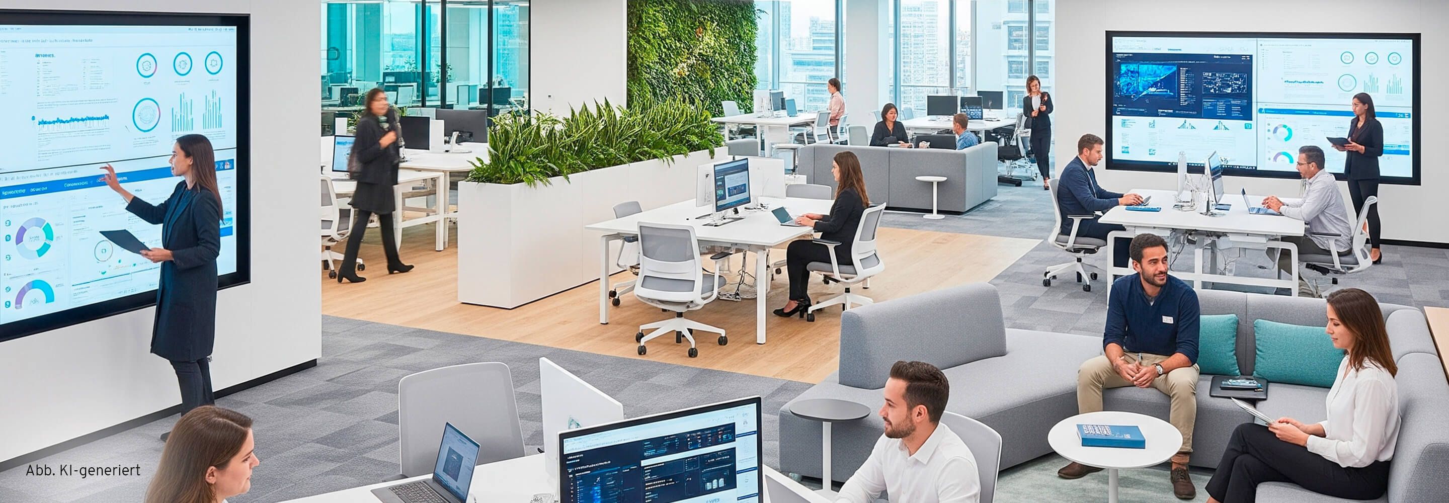 Modern gestaltetes Büro mit offenen Arbeitsplätzen, Loungemöbeln und digitalen Präsentationsflächen.