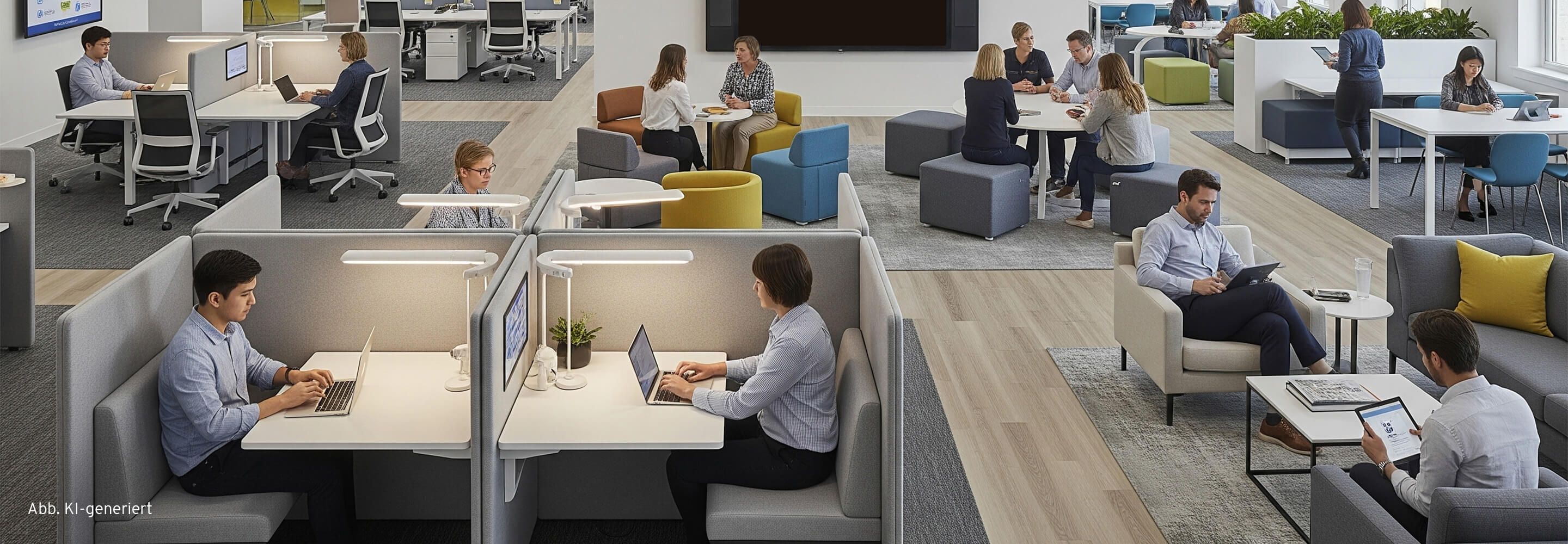Büro mit Activity Based Working Konzept, flexible Arbeitsbereiche und verschiedene Zonen für Zusammenarbeit und Rückzug.