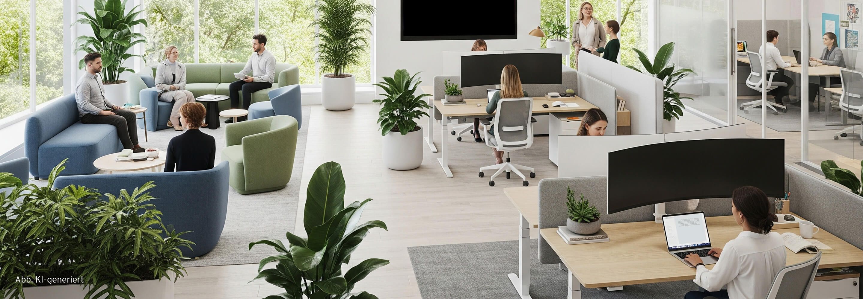 Arbeitsplatz der Zukunft mit ergonomischen Möbeln, viel Grünpflanzen und modernen Arbeitsplätzen in heller Umgebung