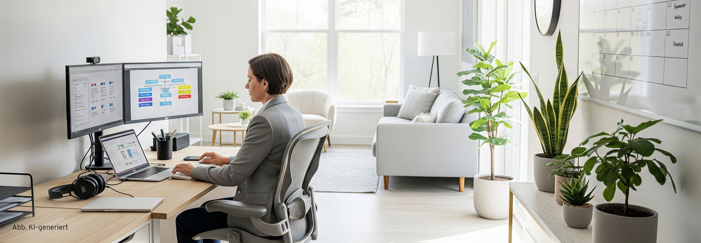 Helles Homeoffice mit ergonomischem Arbeitsplatz, zwei Monitoren, Laptop und Pflanzen für produktives Arbeiten.
