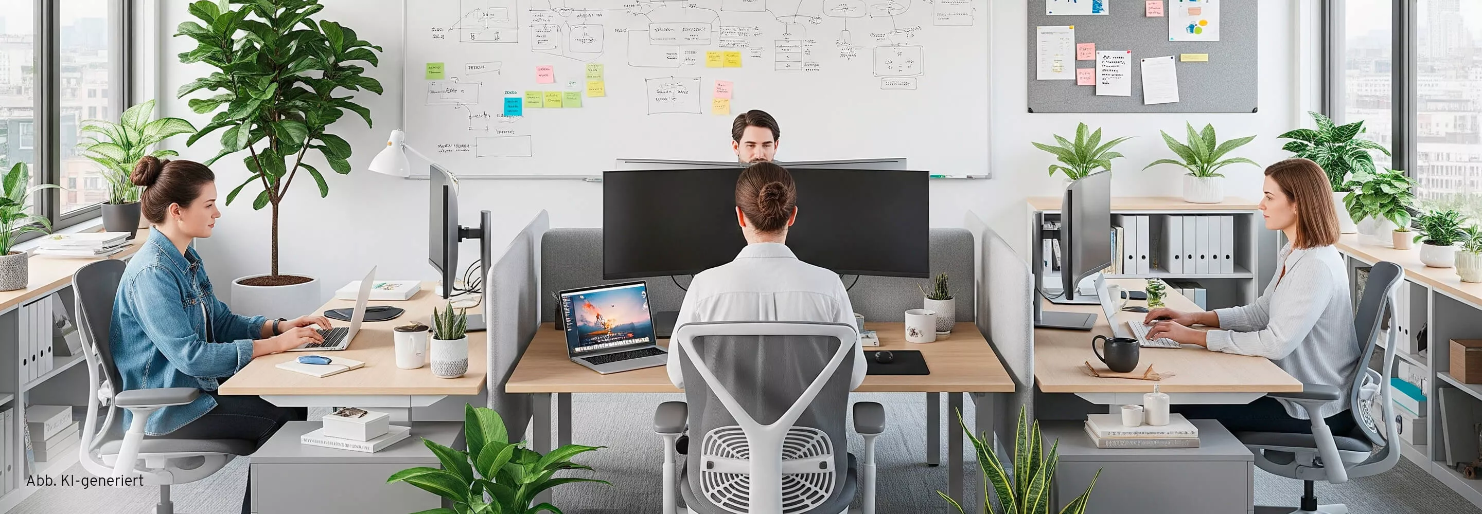 Kompaktes Büro mit ergonomischen Arbeitsplätzen, Pflanzen und Whiteboard für effiziente Teamarbeit.