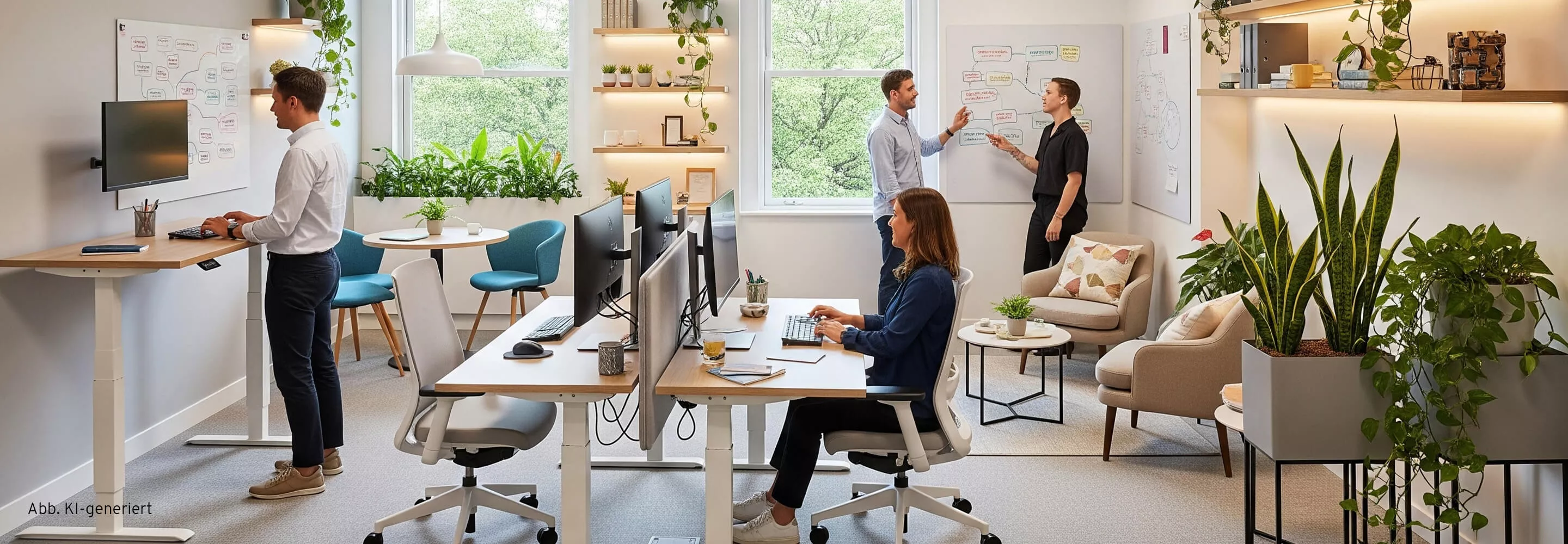 Modernes Büro mit ergonomischen Schreibtischen, Pflanzen und Teamarbeitsbereich für kreative Zusammenarbeit