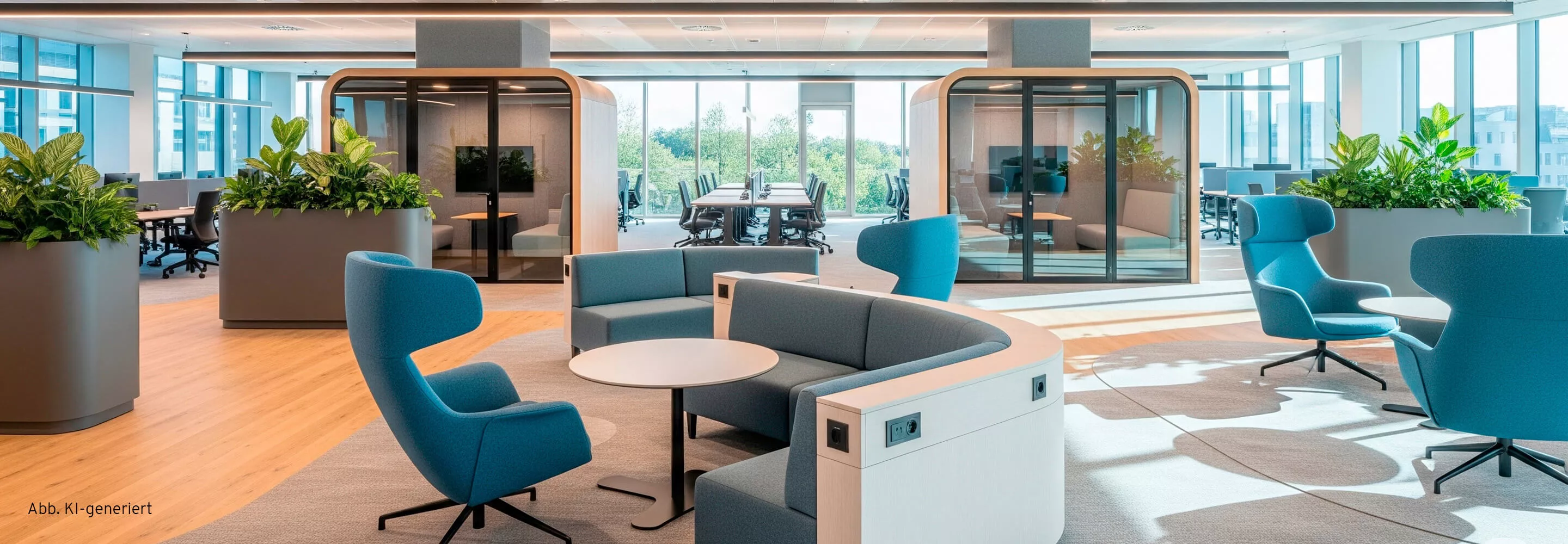 Modern gestaltetes Büro mit Loungemöbeln, Pflanzen und Meeting-Pods für flexible Zusammenarbeit