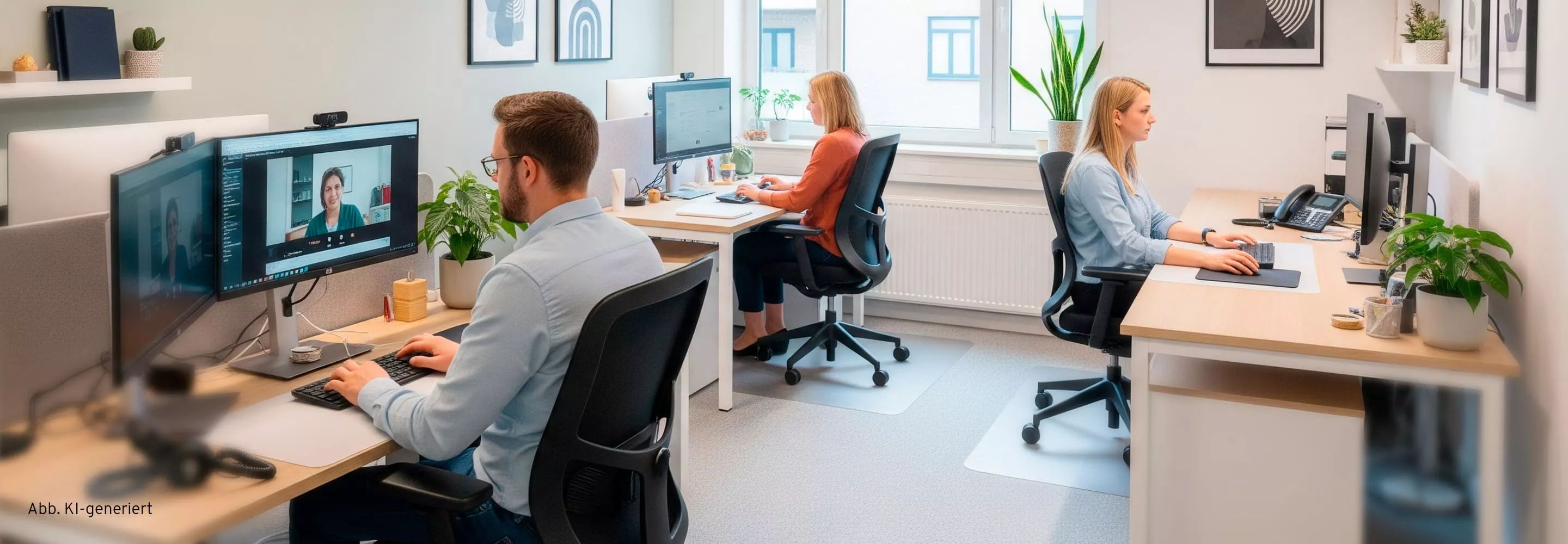 Modern eingerichtetes 3er Büro mit ergonomischen Bürostühlen, Monitoren und Pflanzen für produktives Arbeiten