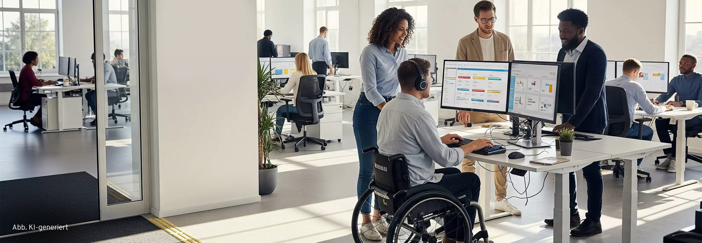 Inklusives Büro mit barrierefreien Arbeitsplätzen, Teamarbeit am höhenverstellbaren Schreibtisch und moderner Ausstattung
