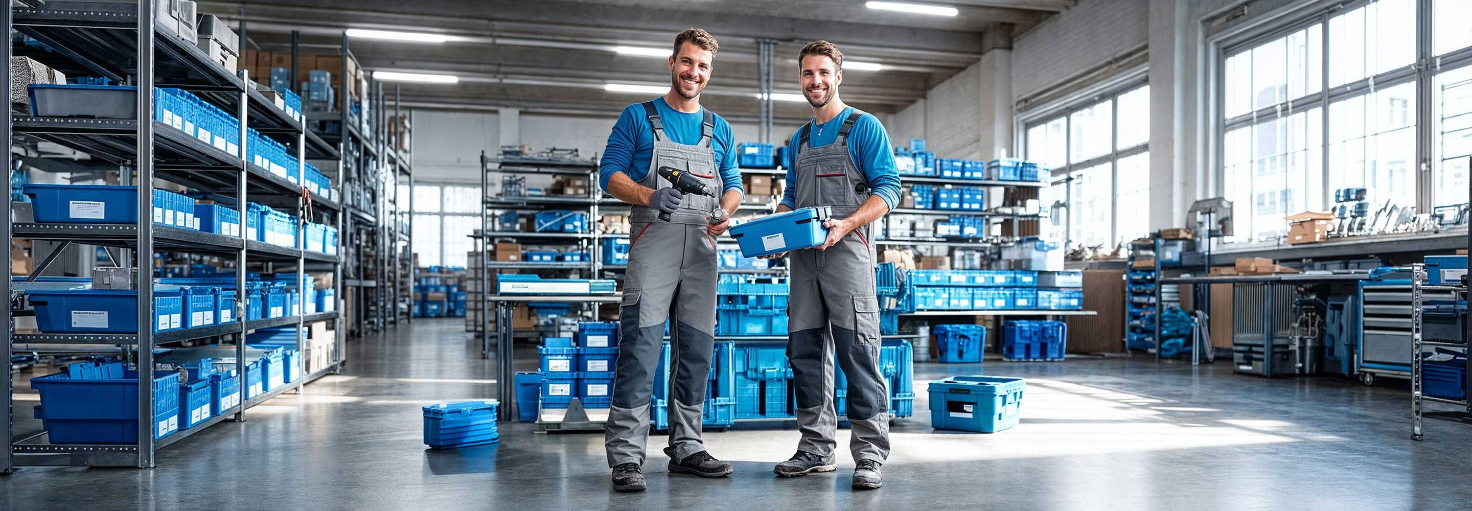 Zwei Handwerker stehen in einer modernen Werkstatt mit Regalsystemen und Lagerkästen