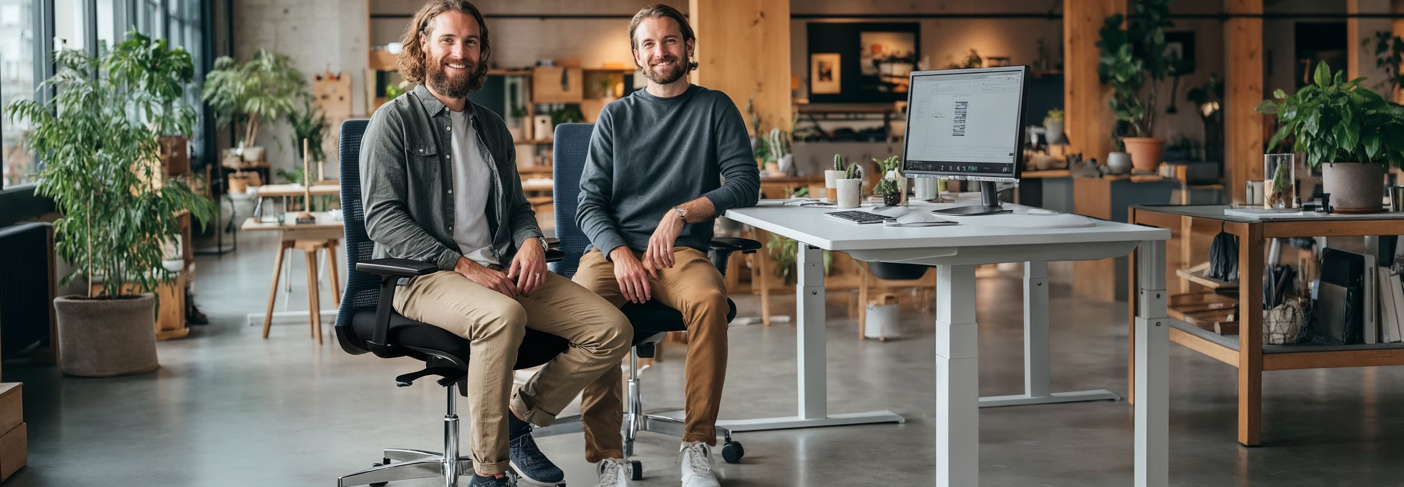 Zwei Kollegen, die in einem modernen Büro nebeneinander auf Bürostühlen sitzen und in die Kamera lächeln