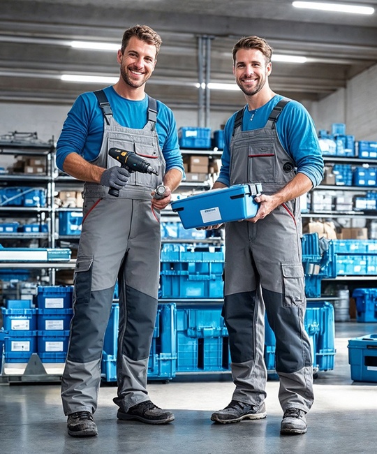 Zwei Handwerker stehen in einer modernen Werkstatt mit Regalsystemen und Lagerkästen