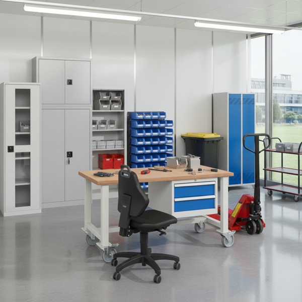 Ein Werkstatt mit Arbeitstisch und Schubladenschrank, ein Arbeitsstuhl, verschiedene Stahlschränke, Spind und Hubwagen